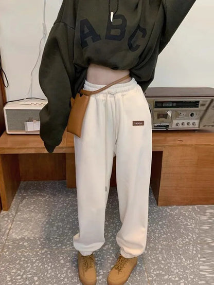 Winter Fleece Beige Jogging Sports Women Korean Style Oversize Pant