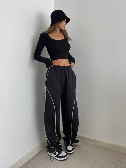 Hip Hop Reflective Cargo Cyber Punk Y2k Streetwear Oversize Striped Sweatpants Pant