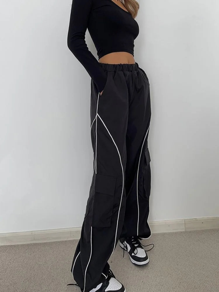 Hip Hop Reflective Cargo Cyber Punk Y2k Streetwear Oversize Striped Sweatpants Pant