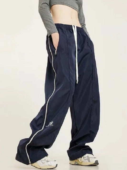 Hip Hop Striped Oversize Zipper Wide Leg Jogger Sports Female Kpop Pant