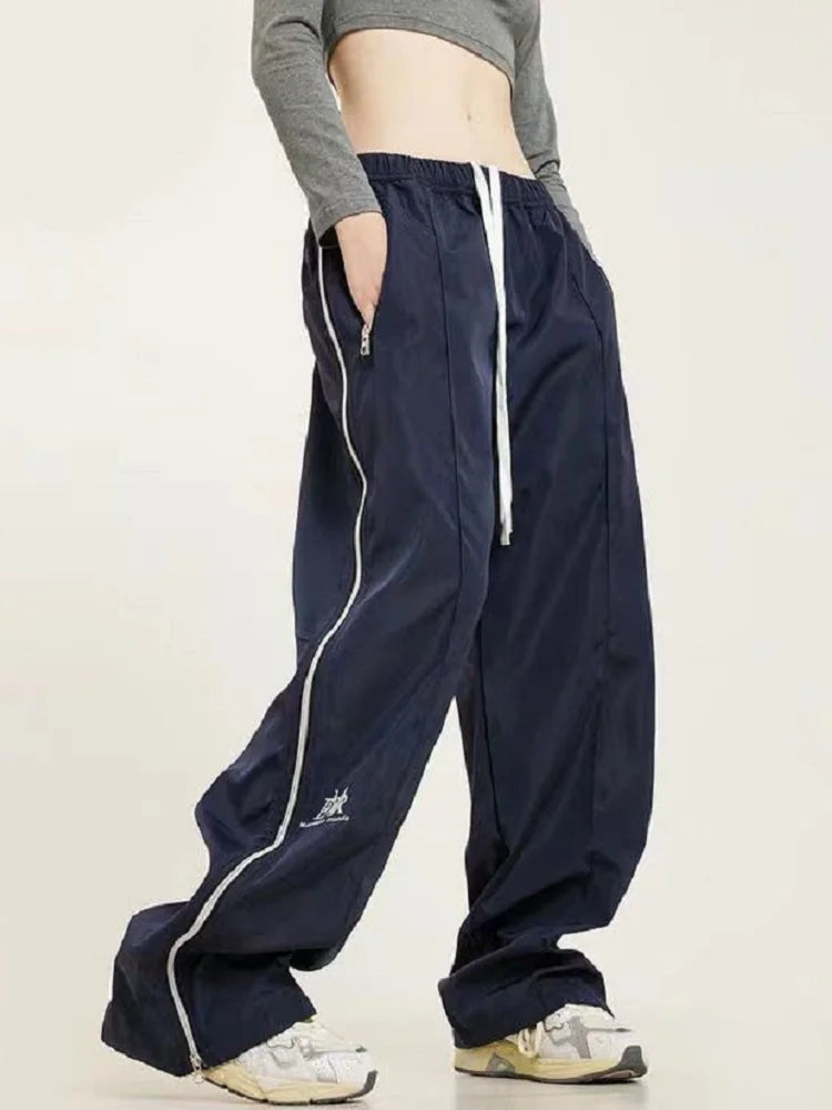 Hip Hop Striped Oversize Zipper Wide Leg Jogger Sports Female Kpop Pant Main image