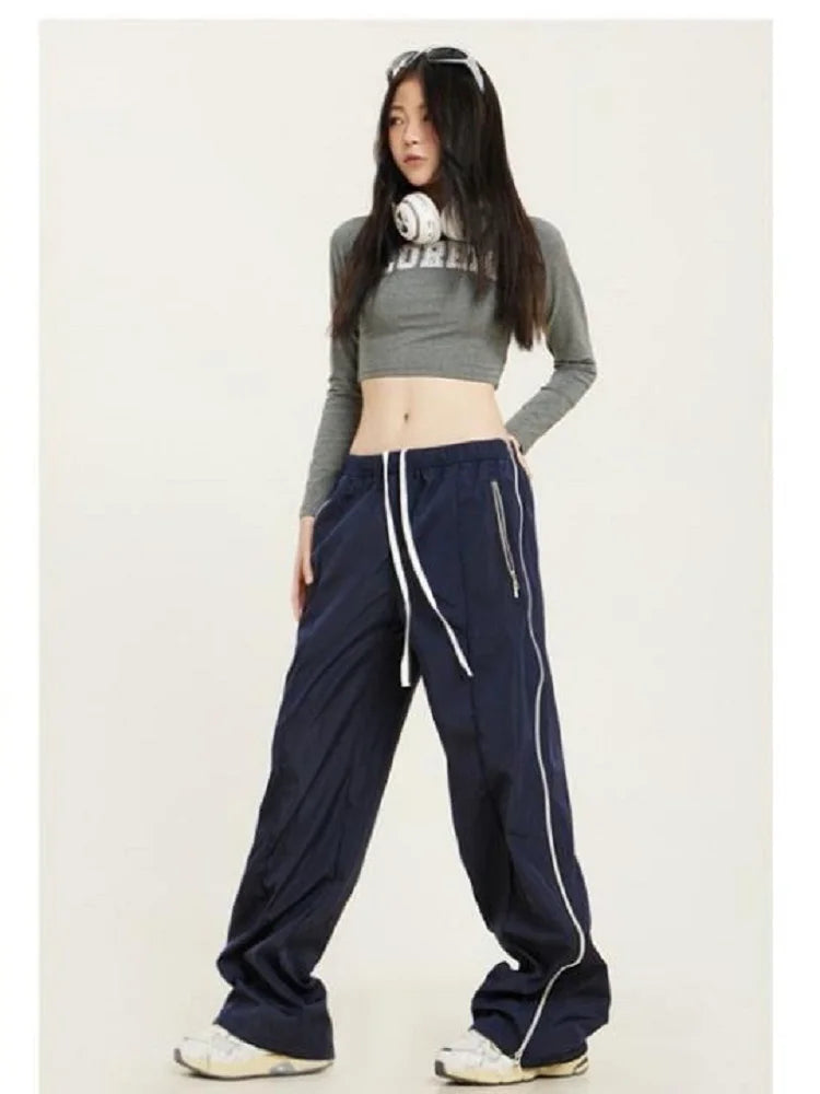 Hip Hop Striped Oversize Zipper Wide Leg Jogger Sports Female Kpop Pant