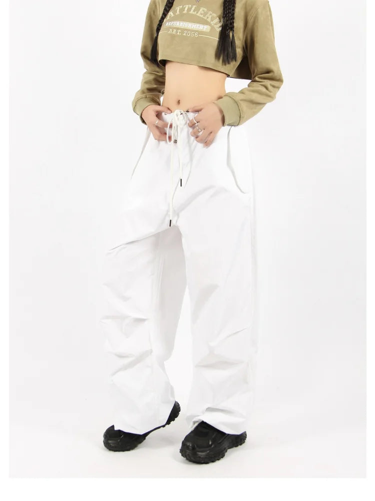 Hippie Vintage White Cargo Parachute Y2K Aesthetic Korean Oversize Pant