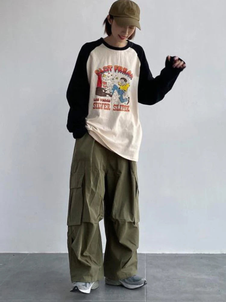 Green Cargo Women Y2K Hippie Kpop Harajuku Oversize Wide Leg Pant