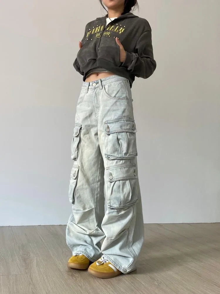 Japanese Y2K Grunge Blue Cargo Vintage 90s Multy Pockets Distressed Pant