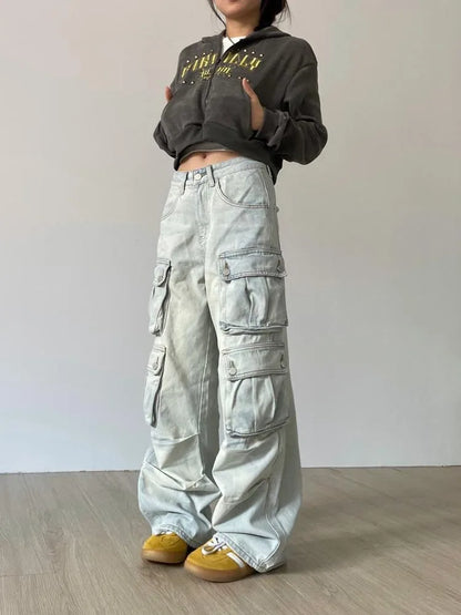 Japanese Y2K Grunge Blue Cargo Vintage 90s Multy Pockets Distressed Pant