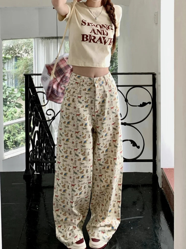 Kawaii Korean Cartoon Print Beige Harajuku Kpop Oversize Wide Y2K Pant Main image