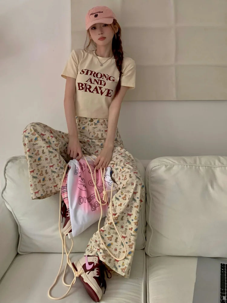 Kawaii Korean Cartoon Print Beige Harajuku Kpop Oversize Wide Y2K Pant