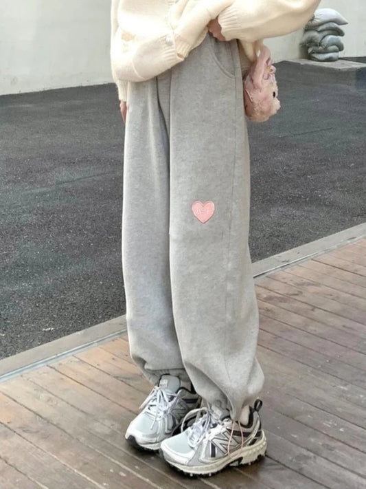 Winter Oversize Gray Korean Heart Embroidery Warm Joggers Pant