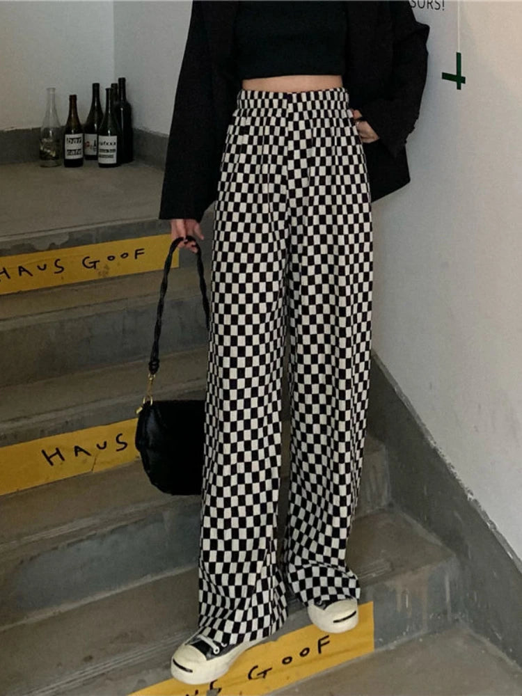 Black White Plaid Women Harajuku Wide Leg Checkerd Streetwear Pant Main image