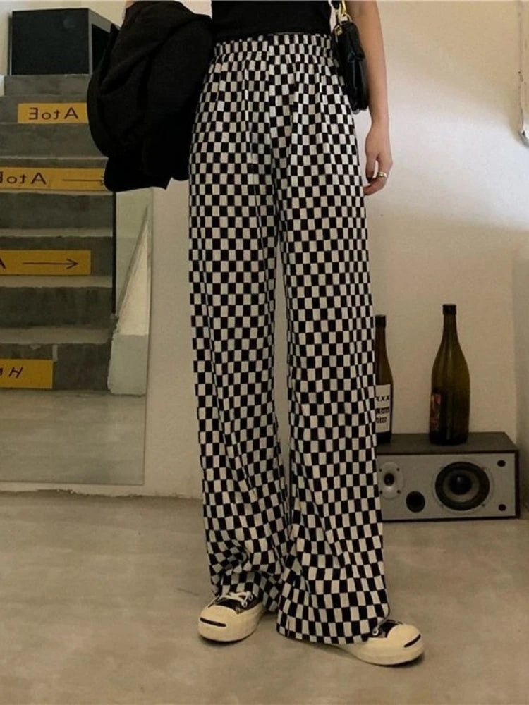 Black White Plaid Women Harajuku Wide Leg Checkerd Streetwear Pant