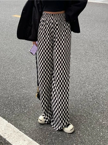 Black White Plaid Women Harajuku Wide Leg Checkerd Streetwear Pant