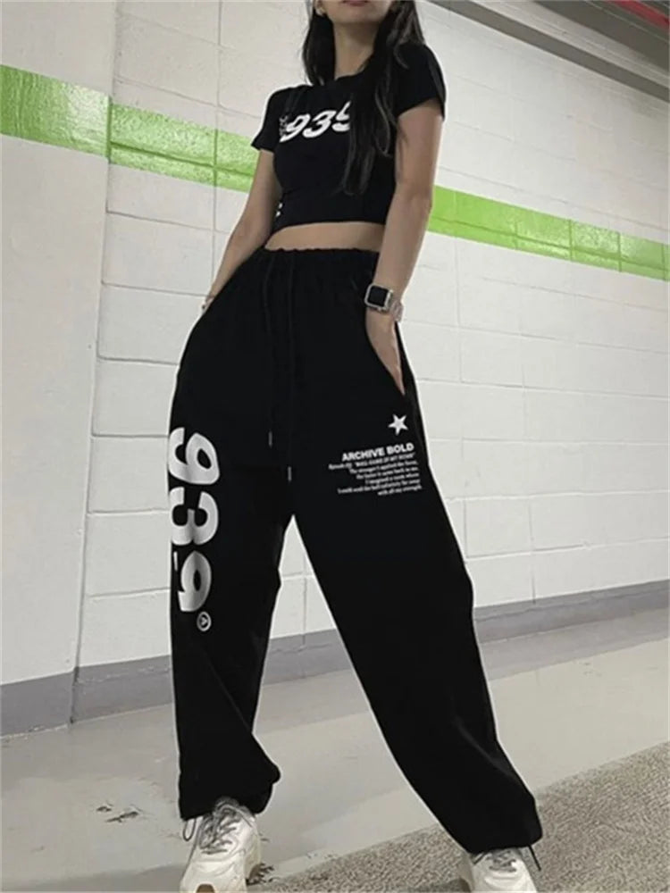 Korean Fashion Letter Print Joggers Black Oversized Wide Leg Punk Pant Main image