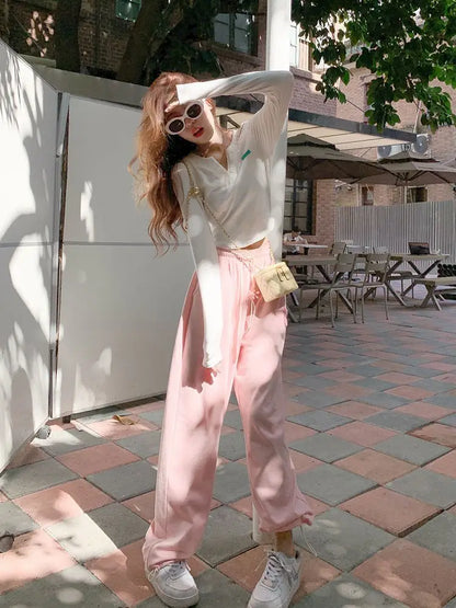 Pink Jogging Sweatpants Women Kawaii Cute Letter Print Oversize Pant