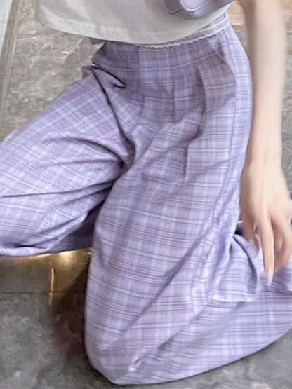 Purple Plaid Women Kawaii Soft Girl Oversize Wide Leg Checked Pant