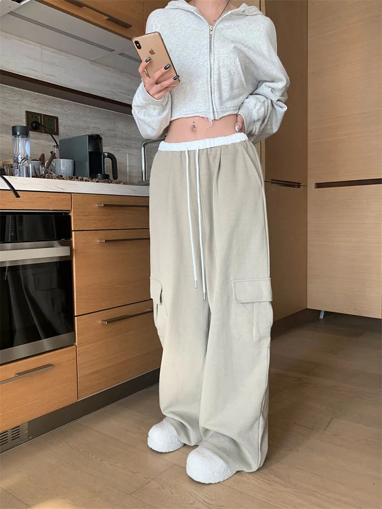 Korean Hippie Beige Wide Leg Sweatpants Harajuku Kpop Oversized Cargo Pant Main image