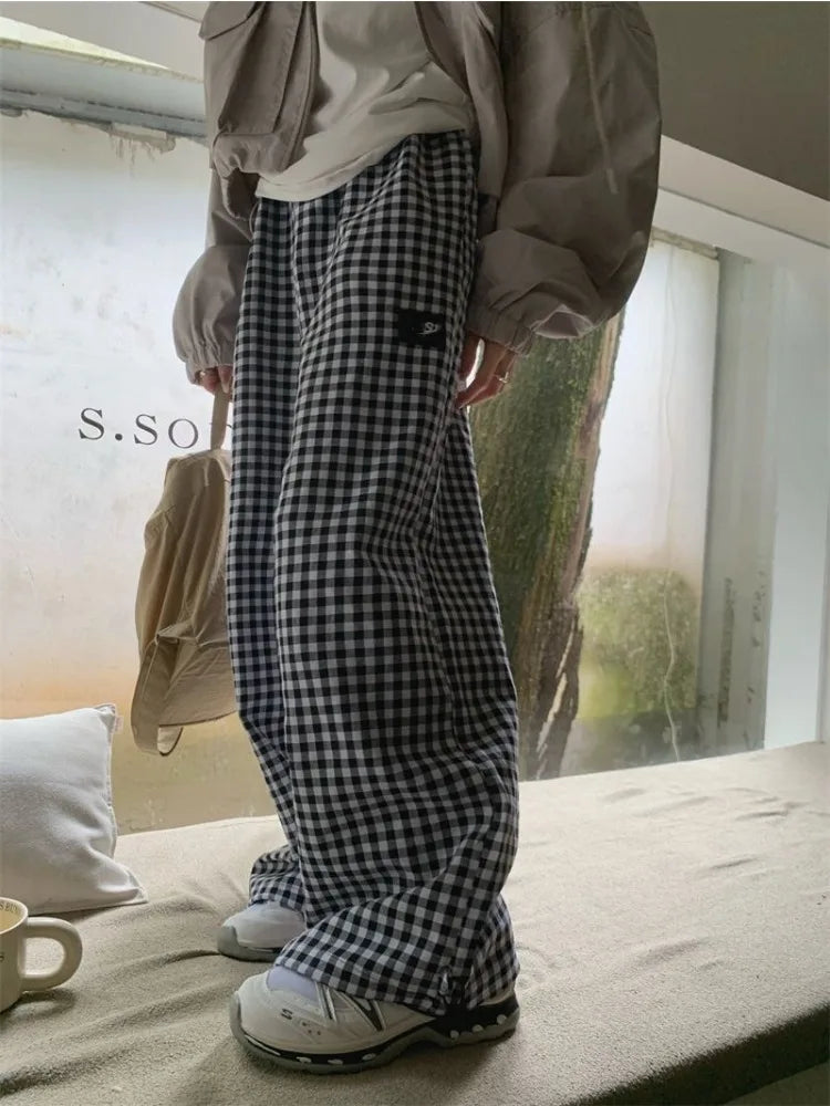 Black White Plaid Women Harajuku Streetwear Oversize Wide Leg Pant Main image