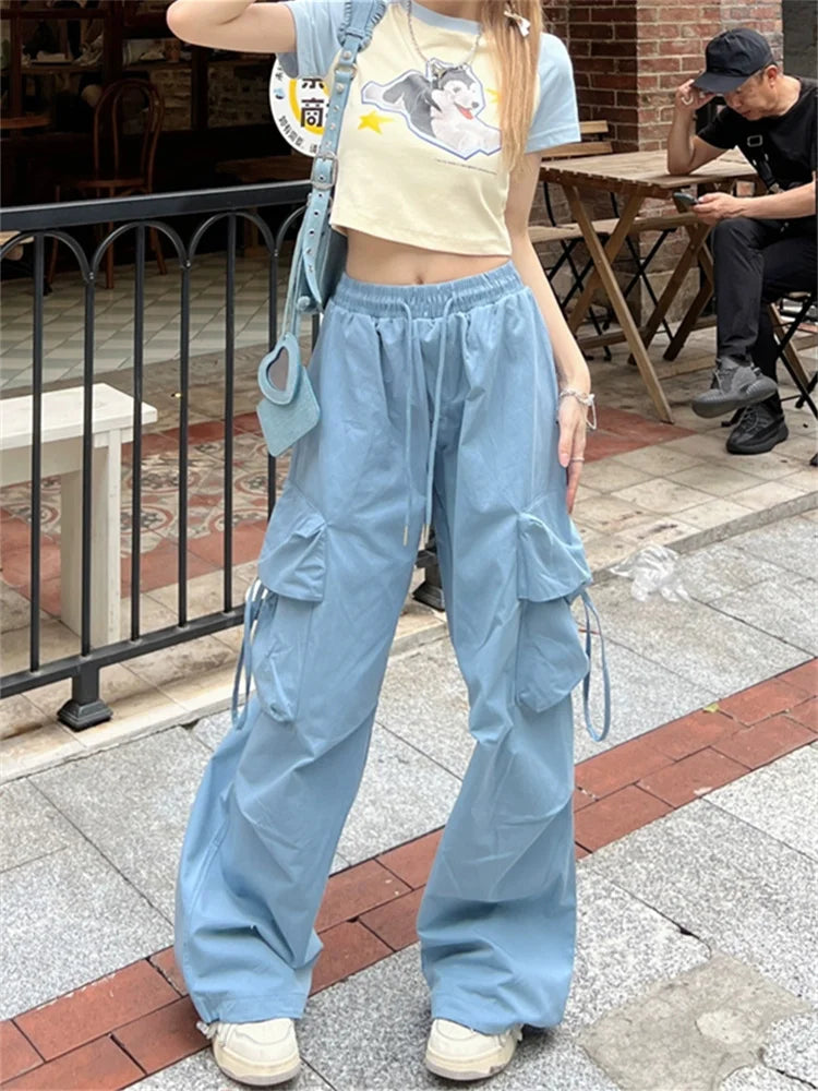 Korean Style Blue Cargo Y2K Streetwear Retro Parachute Oversize Pant Main image