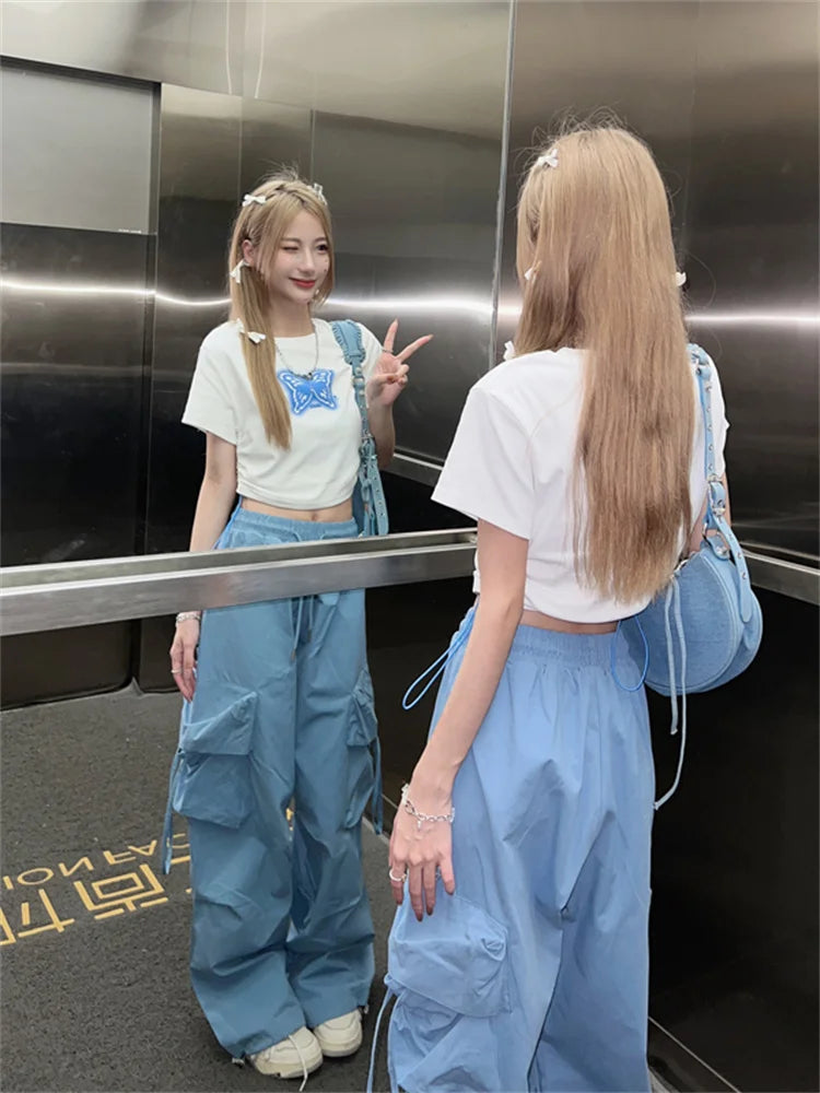 Korean Style Blue Cargo Y2K Streetwear Retro Parachute Oversize Pant