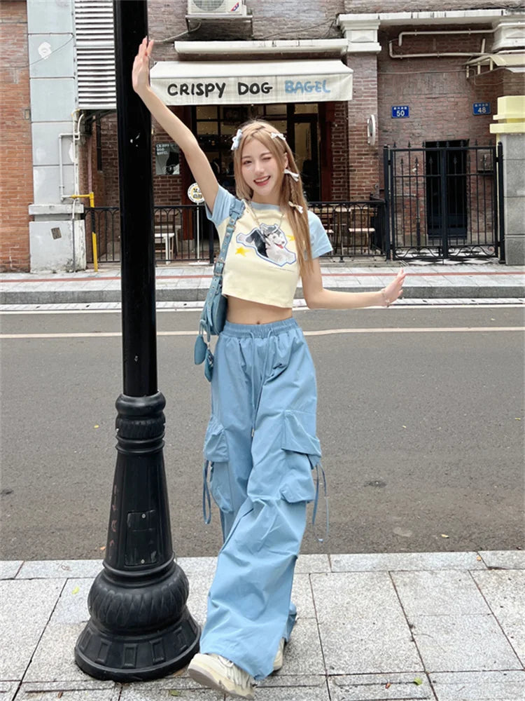 Korean Style Blue Cargo Y2K Streetwear Retro Parachute Oversize Pant