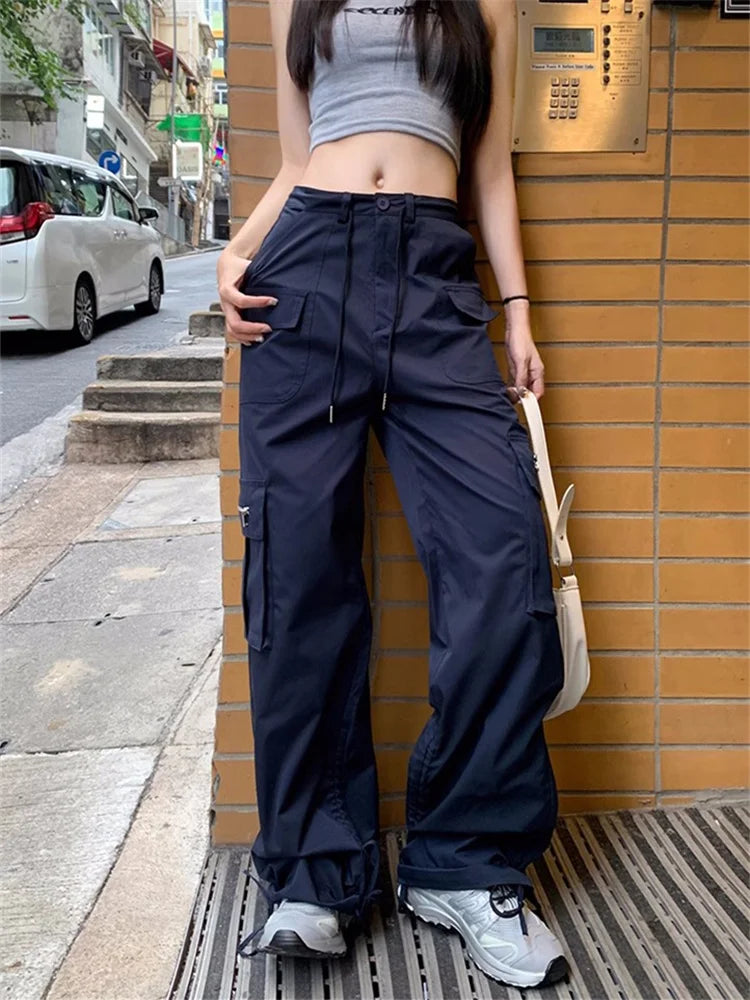 Korean Style Drawstring Sweatpants Y2K Vintage Navy Blue Oversized Streetwear Pant Main image