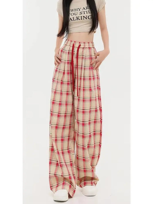 Red Plaid Women Y2K Korean Style Oversize Checked Baggy Sweatpants
