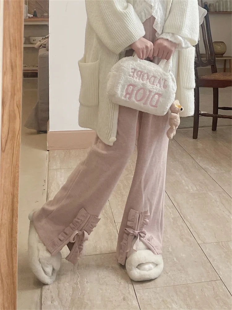 Korean Sweet Cute Pink Lolita Ruffles Beige Girly Elegant Wide Pant Main image