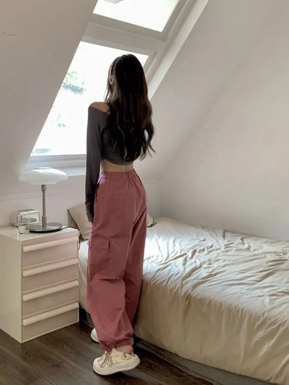 Kpop Y2K Pink Cargo Korean Streetwear Oversized Wide Leg Pant