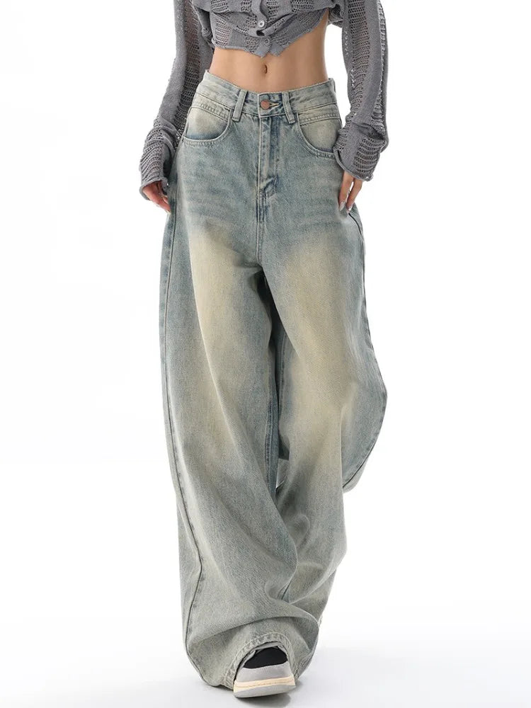 Retro Distressed Blue Baggy Women Y2k Grunge Wide Leg Denim Pant