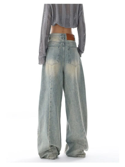 Retro Distressed Blue Baggy Women Y2k Grunge Wide Leg Denim Pant