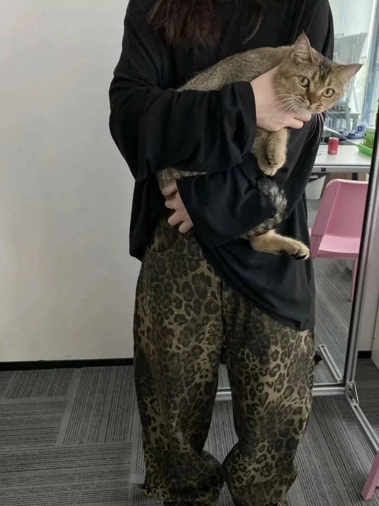 Retro Leopard Baggy Women Vintage Grunge Wide Leg Denim Pant Main image