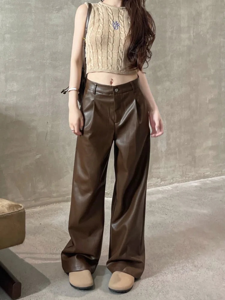 Vintage Brown Pu Leather Y2K Korean Black Wide Leg Oversize Pant Main image