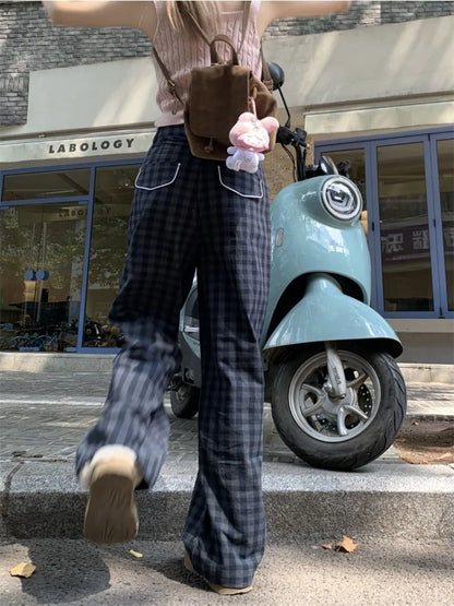 Vintage Korean Style Plaid High Waist Checkered Dongdaemun Pant