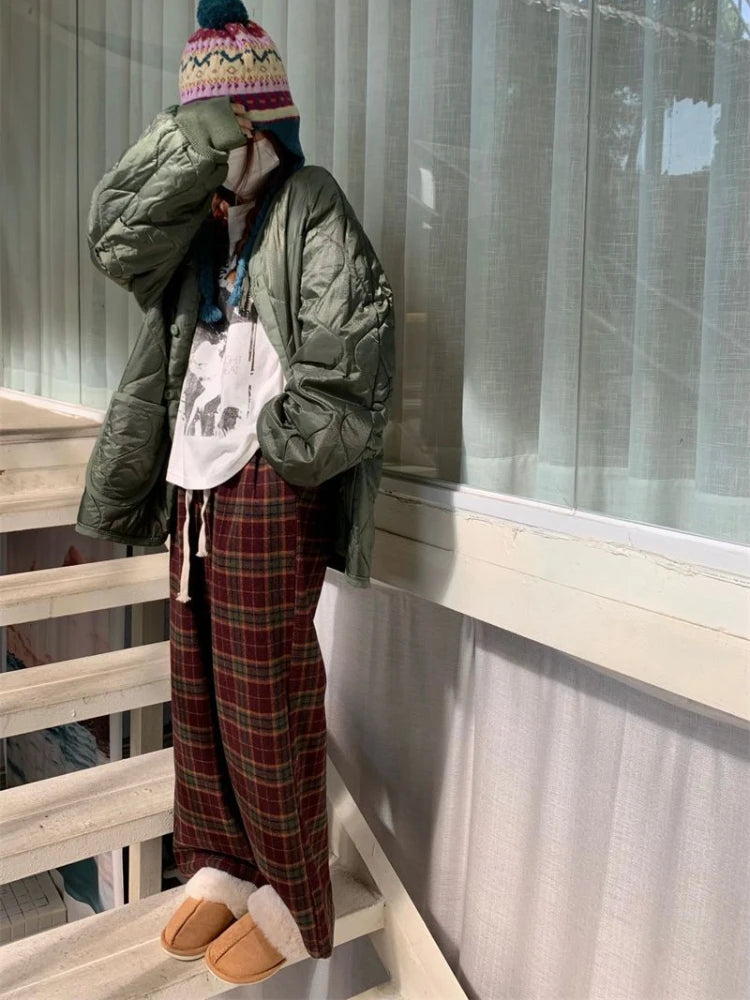 Red Plaid Winter Warm Fleece Women Korean Style Oversize Pant