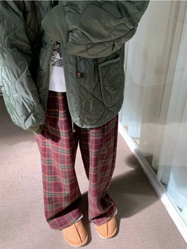 Red Plaid Winter Warm Fleece Women Korean Style Oversize Pant