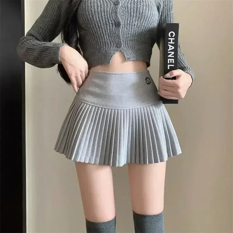 Woolen Pleated Cute  High Waist A-line Patchwork Vintage Skirt Main image