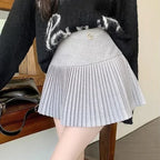 Woolen Pleated Cute  High Waist A-line Patchwork Vintage Skirt