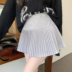 Woolen Pleated Cute  High Waist A-line Patchwork Vintage Skirt