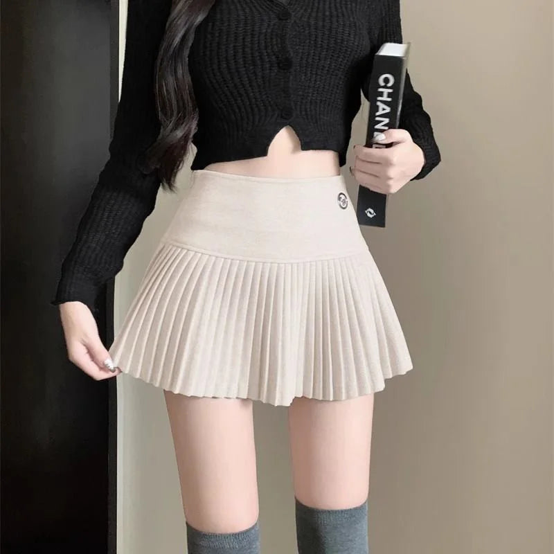 Woolen Pleated Cute Sexy High Waist A-line Patchwork Vintage Skirt