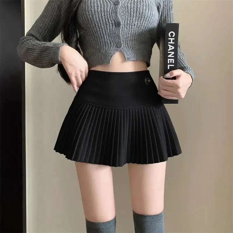 Woolen Pleated Cute Sexy High Waist A-line Patchwork Vintage Skirt