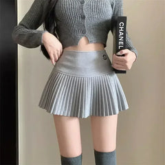 Woolen Pleated Cute  High Waist A-line Patchwork Vintage Skirt