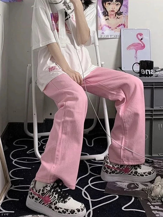 Pink Low Rise Wide Leg Denim Women Y2K Kawaii Fashion Pant