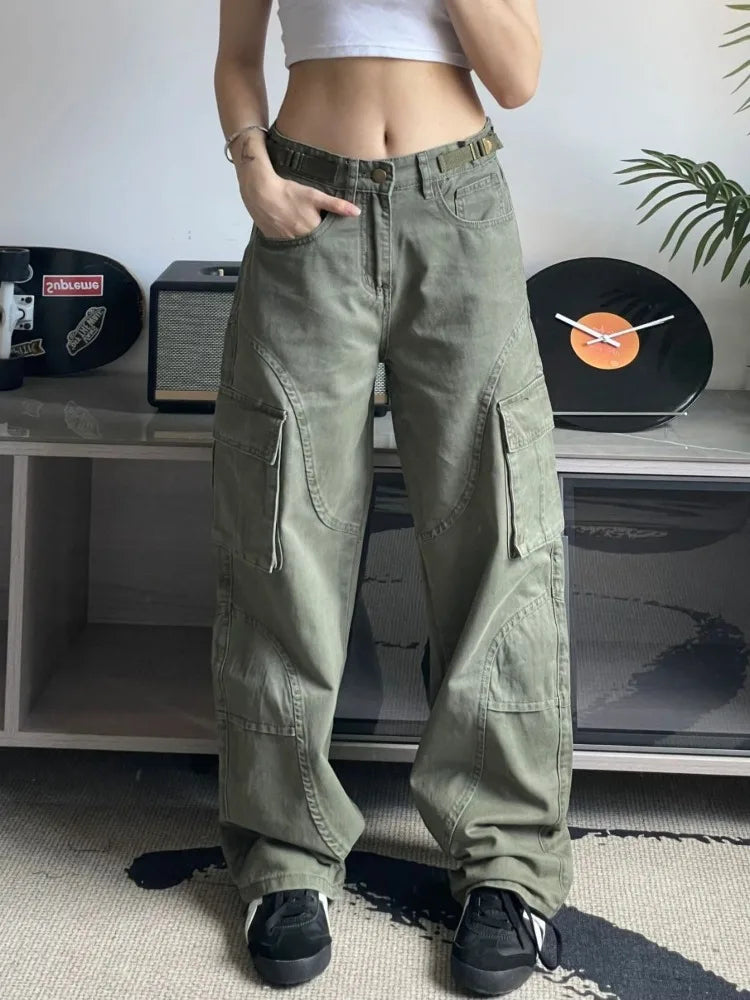 Y2K Green Cargo 90s Streetwear Wide Leg Denim Multy Pockets Pant Main image