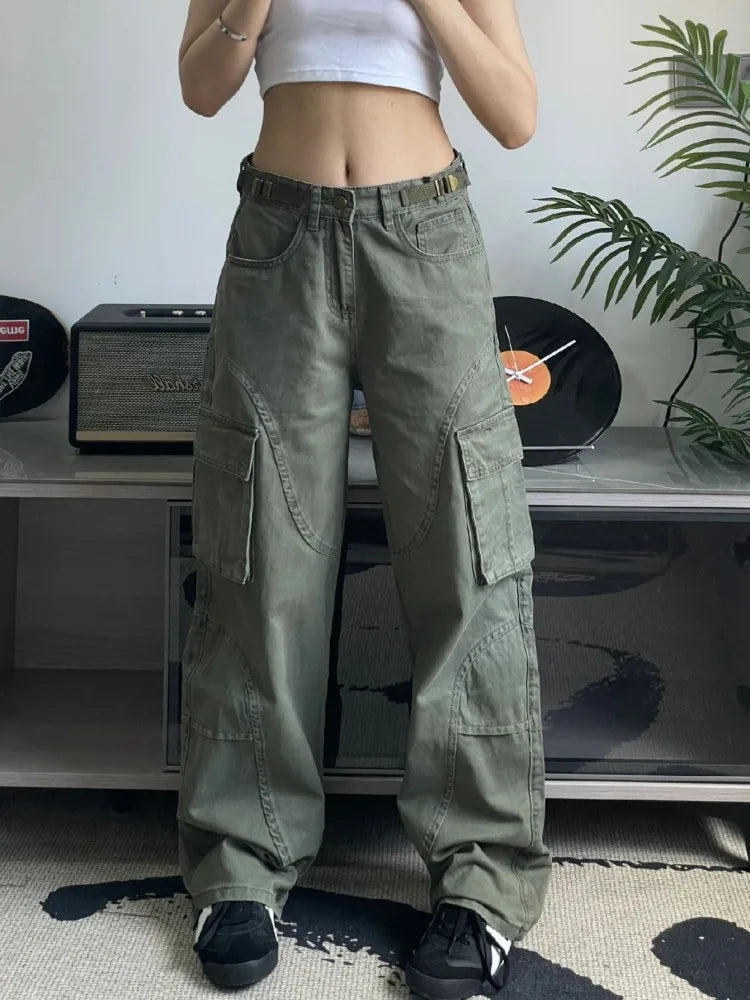 Y2K Green Cargo 90s Streetwear Wide Leg Denim Multy Pockets Pant