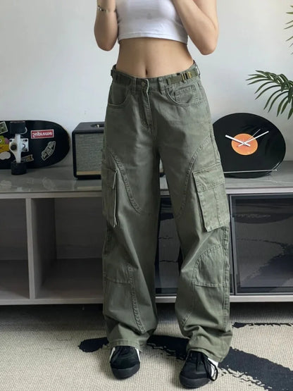 Y2K Green Cargo 90s Streetwear Wide Leg Denim Multy Pockets Pant