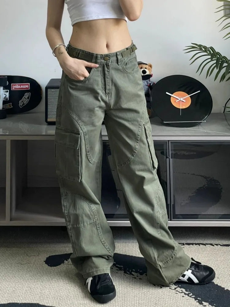 Y2K Green Cargo 90s Streetwear Wide Leg Denim Multy Pockets Pant