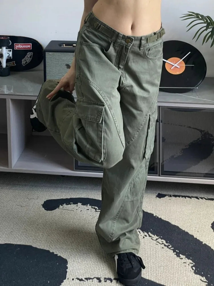 Y2K Green Cargo 90s Streetwear Wide Leg Denim Multy Pockets Pant