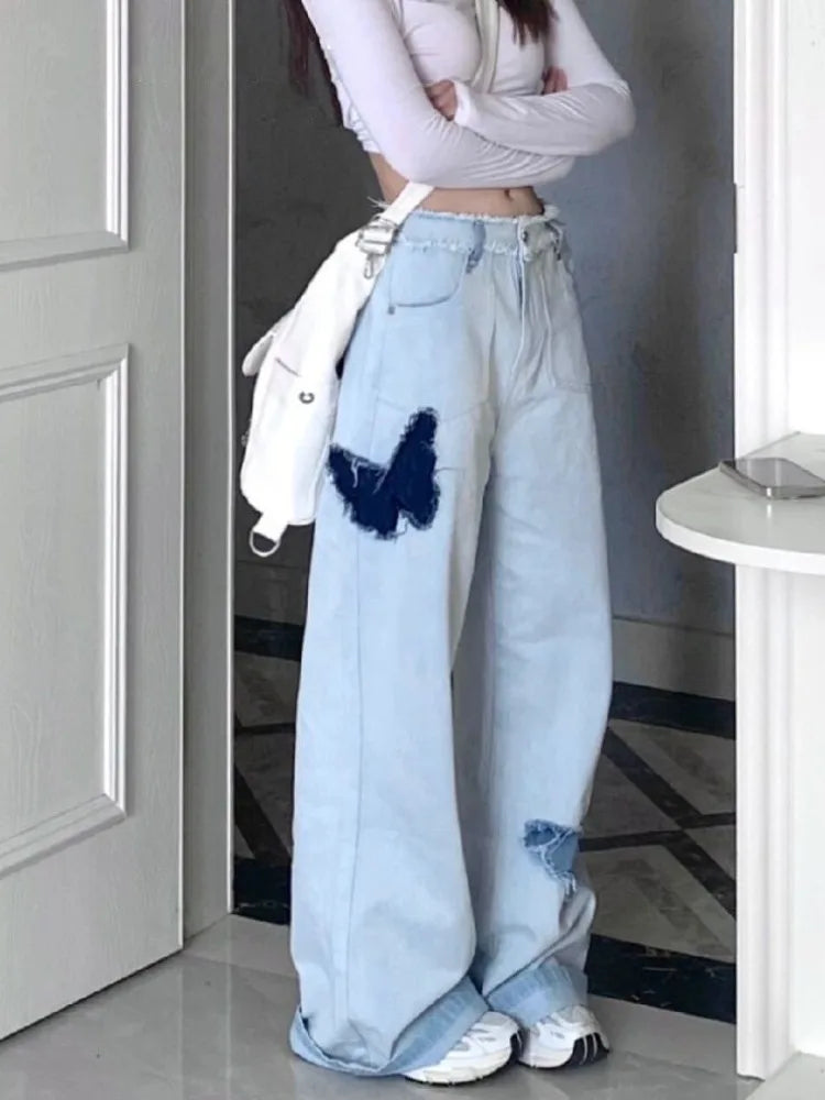 Blue Baggy Women Y2K Hippie Graphic Denim Oversize Patchwork Pant Main image