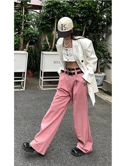 Y2K Korean Style Pink Wide Leg Harajuku Cyber Punk Belt Oversize Hippie Pant