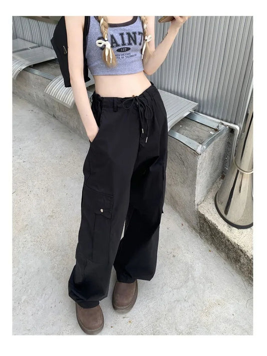 Y2K Kpop Black Cargo Harajuku Streetwear Drawstring Pockets Green Wide Pant